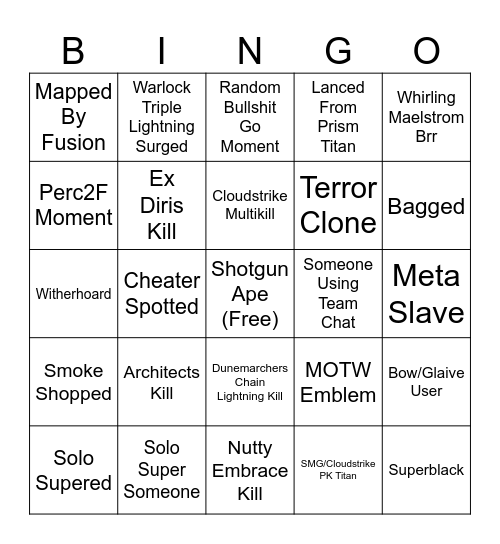 Destiny PVP Bingo Card Bingo Card