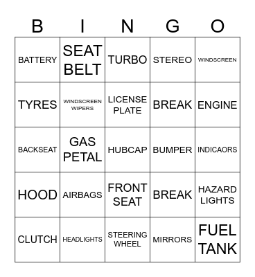 CAR PARTS Bingo Card