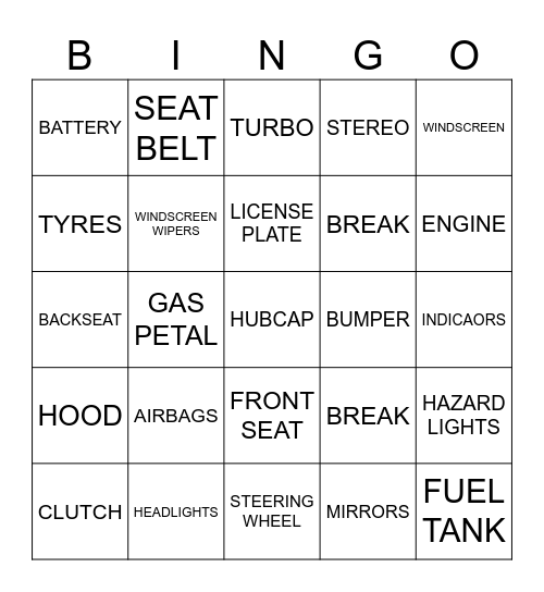 CAR PARTS Bingo Card