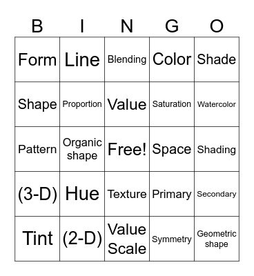 Art Vocabulary Bingo Card
