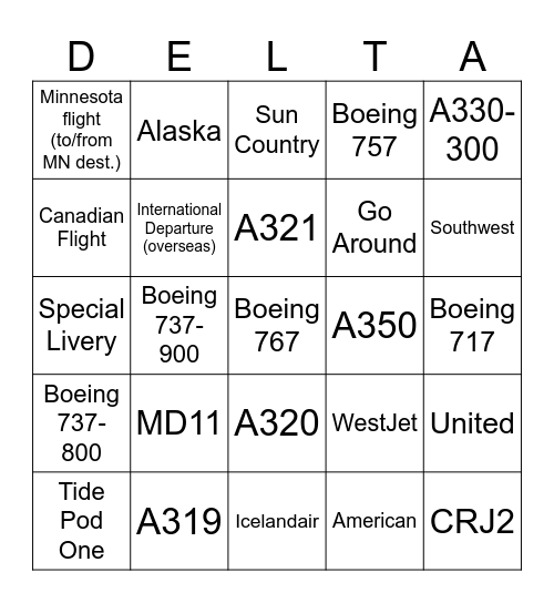 MSP Planespotting Bingo Card