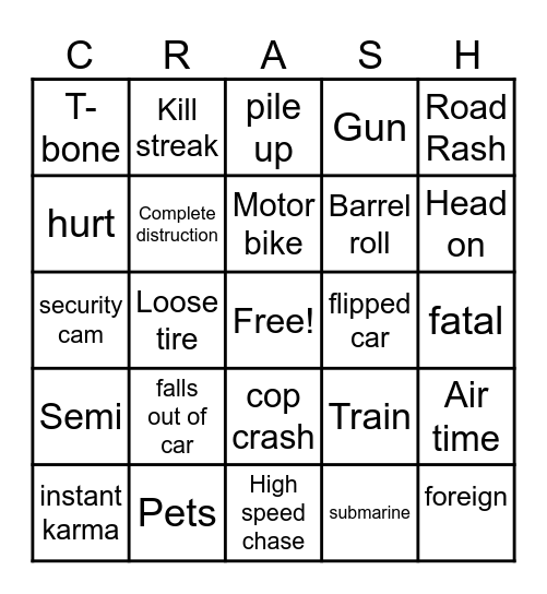 Car Crash Bingo Card