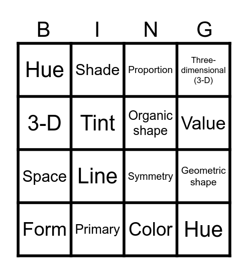 Art Vocabulary Bingo Card
