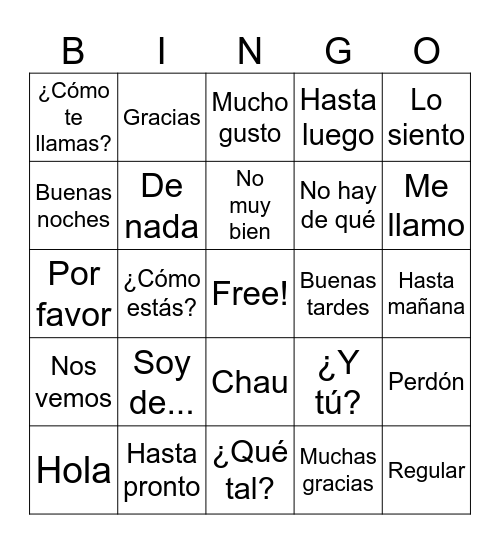 SPAN 101 Bingo Card