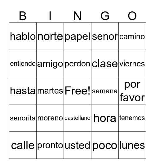 Spanish Bingo Card