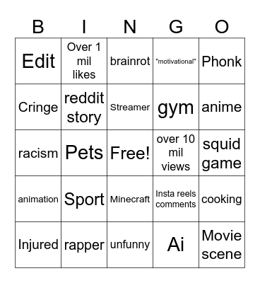 Yt shorts bingo Card