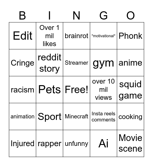 Yt shorts bingo Card