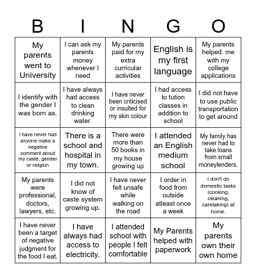 Privilege Bingo Card