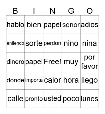 Spanish Bingo Card
