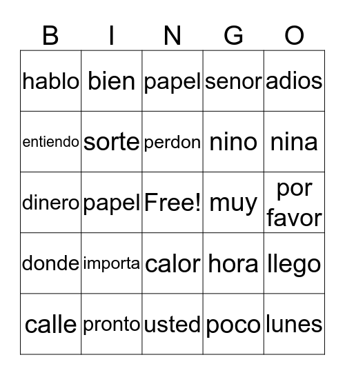 Spanish Bingo Card