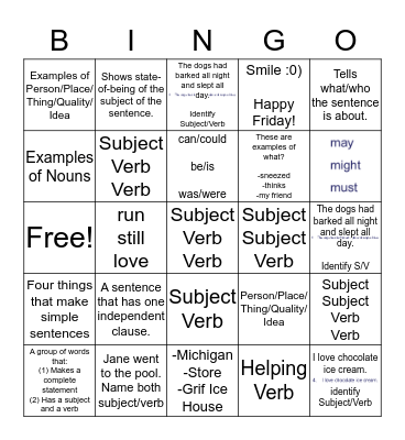 Simple Sentences Bingo Card