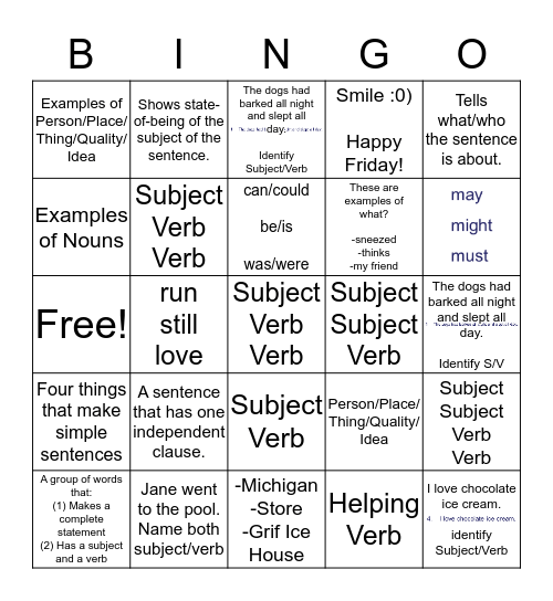 Simple Sentences Bingo Card