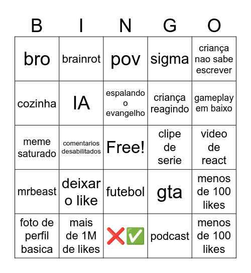 youtube shorts Bingo Card