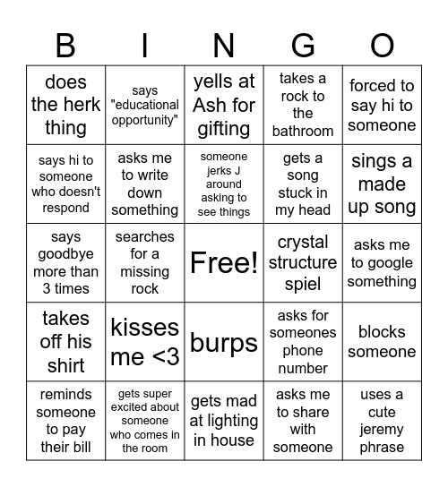 Jeremy Sells Rocks Bingo Card