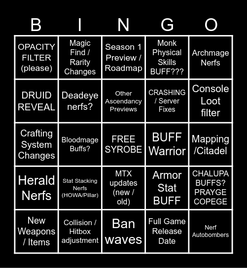 POE2 PATCH 0.1.1 Bingo Card