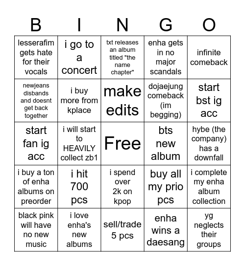 2025 kpop bingo card Bingo Card