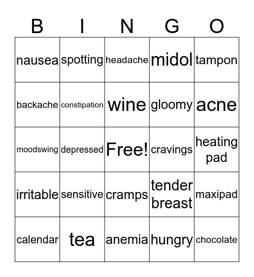 Period Free Celebration Bingo Card