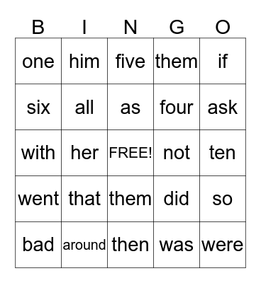 Sight Words Bingo Card