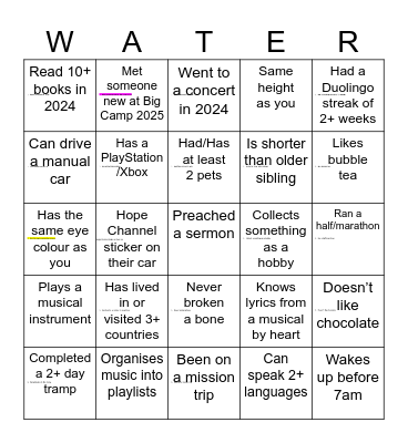 Big Camp SNZ Youth Bingo Card