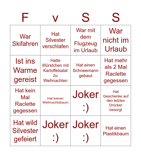 Das Weihnachtsferien-Bingo der FvSS Bingo Card