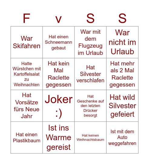 Das Weihnachtsferien-Bingo der FvSS Bingo Card