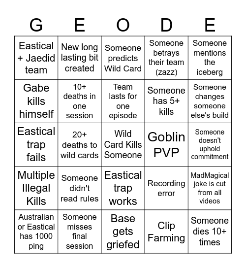 Geode Wild Life Bingo Card