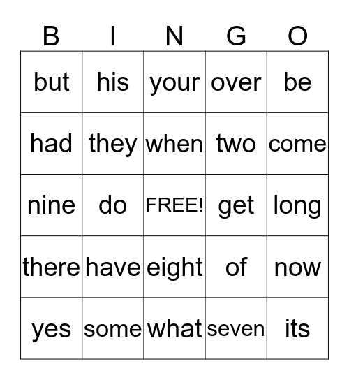 Sight Words Bingo Card