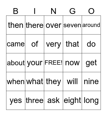 Sight Words Bingo Card