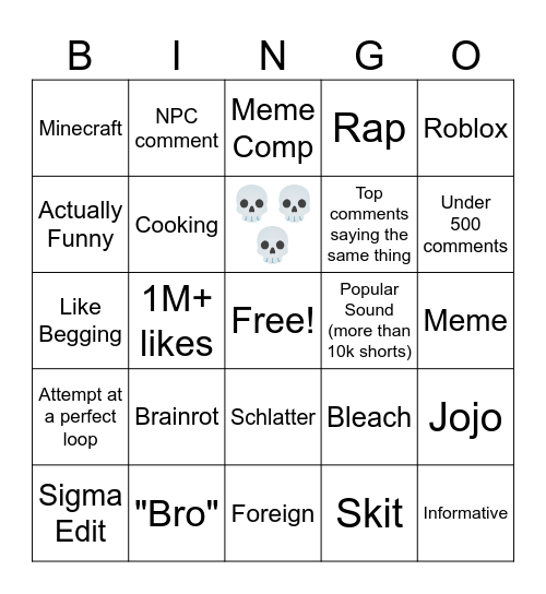 Youtube Short Bingo 2: Electric Boogaloo Bingo Card