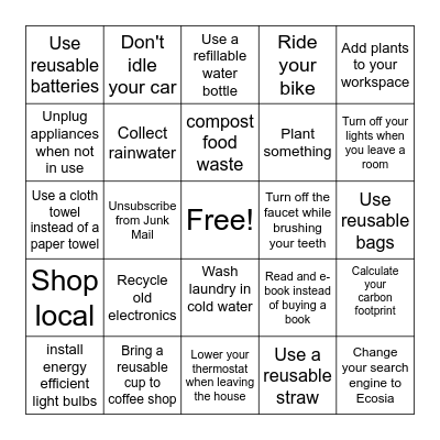 Carbon Footprint Bingo Card