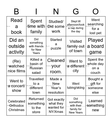 Winter Break Bingo Card