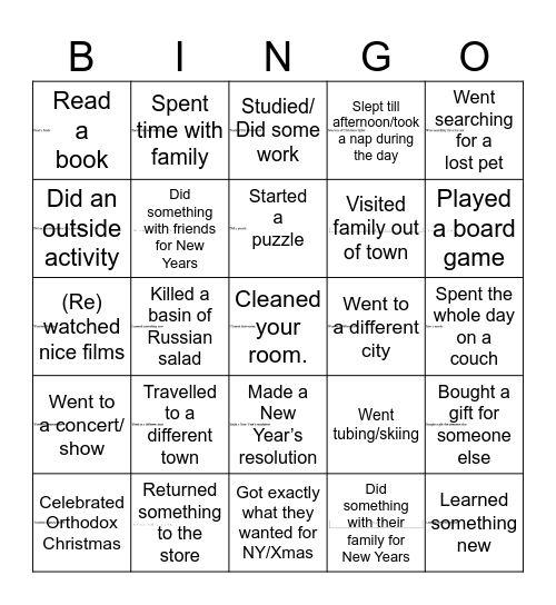 Winter Break Bingo Card