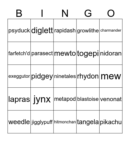 pokémon Bingo Card