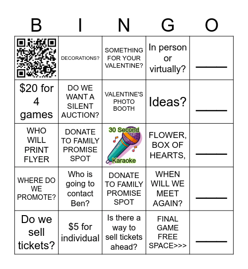 Valentine's Music Bingo Night Bingo Card