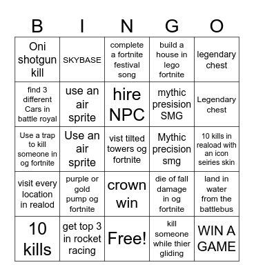 Fortnite bingo Card