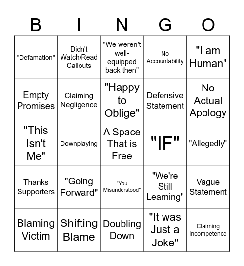 Apology Bingo! Bingo Card