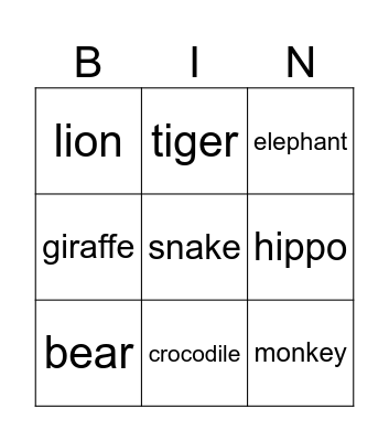Bingo animals Bingo Card