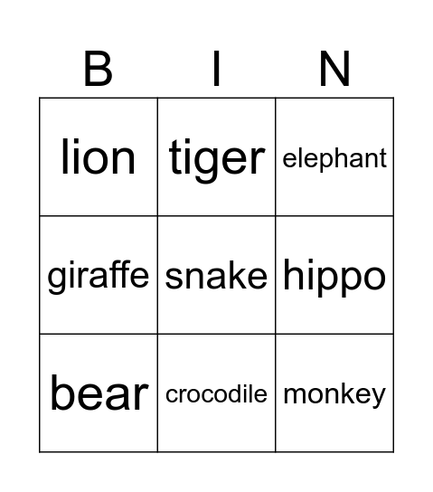 Bingo animals Bingo Card