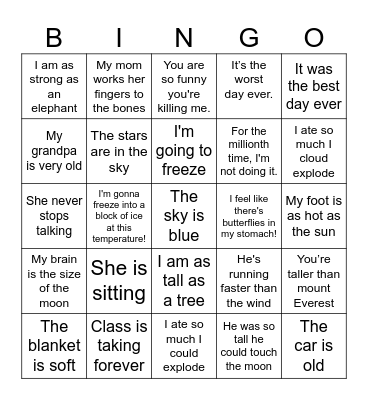 Hyperbole Bingo Card
