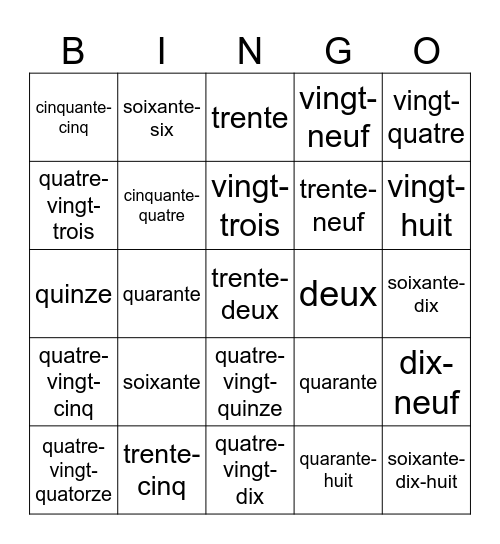 Les chiffres de 1 à 100 Bingo Card