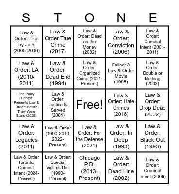 Law & Order Bingo Card