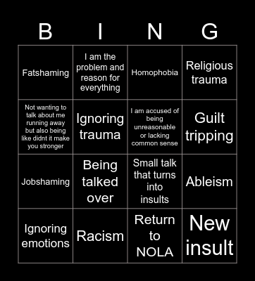 Family Visit Bingo Card