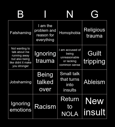 Family Visit Bingo Card