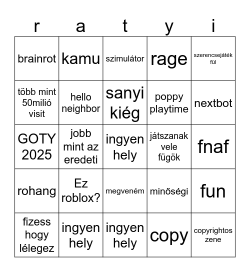 ratyi roblox Bingo Card