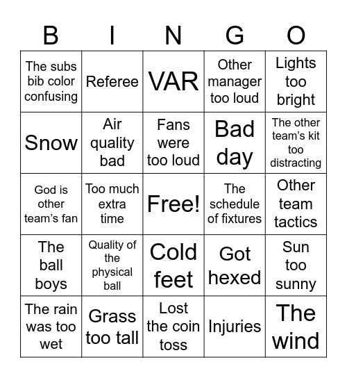 Arteta Excuse Bingo Card