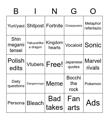 My Twitter/x bingo Card