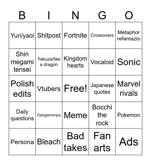 My Twitter/x bingo Card