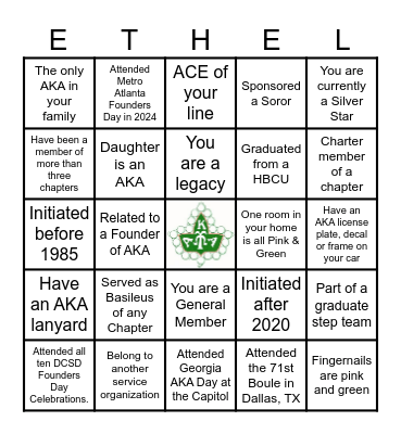 Alpha Kappa Alpha Founders Day Bingo Card