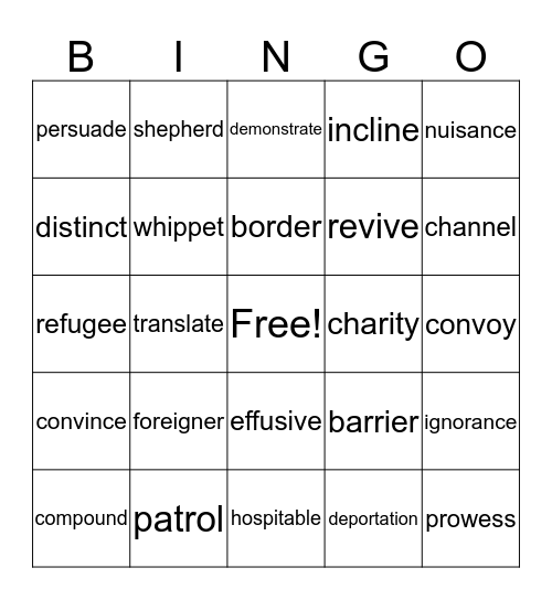 Shadow Vocabulary Bingo Card