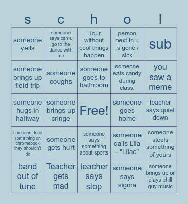 School day Bingo Card